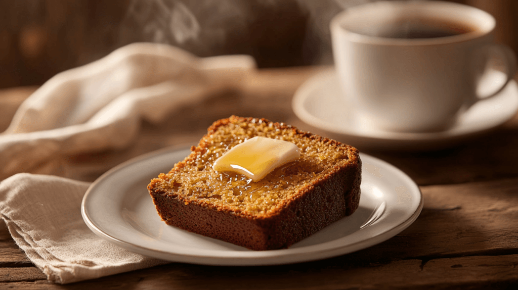 A slice of pumpkin banana loaf on a white plate, drizzled with honey and accompanied by a cup of steaming tea.