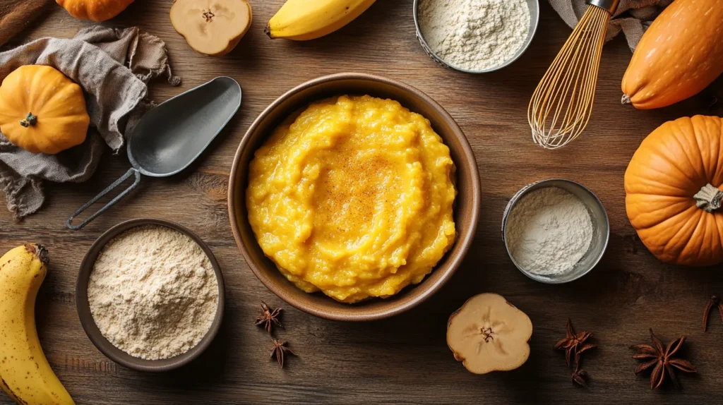 A flat-lay of baking ingredients, including mashed bananas, pumpkin puree, spices, flour, and sugar on a wooden table.