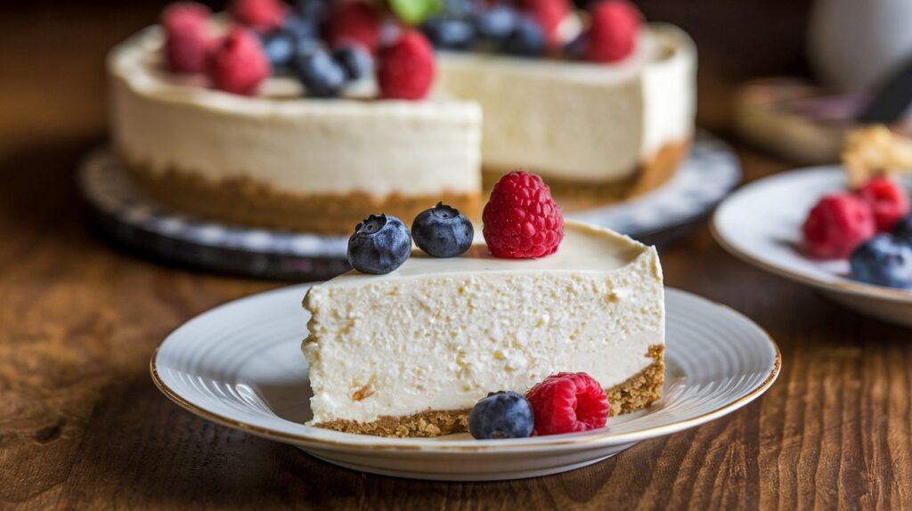 A creamy slice of cottage cheese cheesecake topped with fresh fruit.