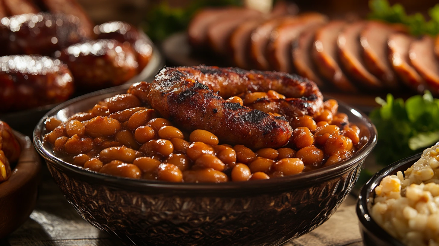 A bowl of steaming baked beans paired with pulled pork, sausages, and grilled chicken.