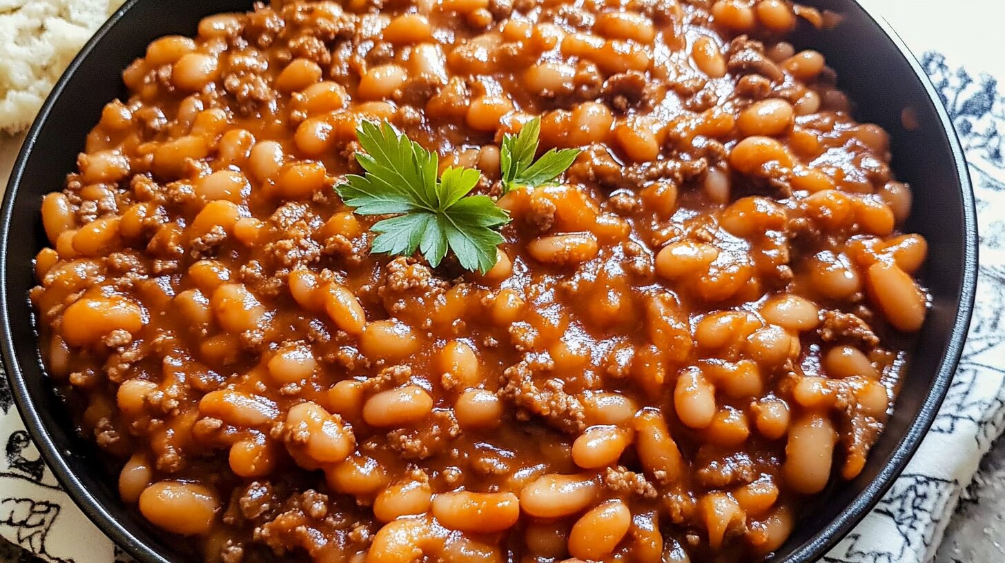 A bowl of baked beans with ground beef garnished with parsley