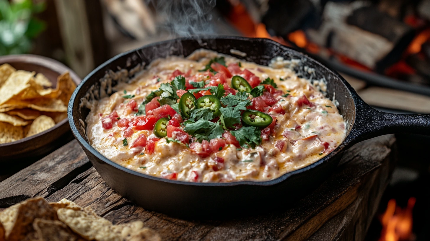 A cast-iron skillet filled with creamy smoked queso, topped with diced tomatoes and jalapeños, surrounded by wood chips labeled 'applewood' and 'hickory', on a rustic wooden table.