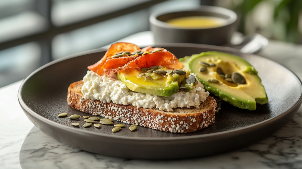 Cottage cheese on toast with avocado and seeds