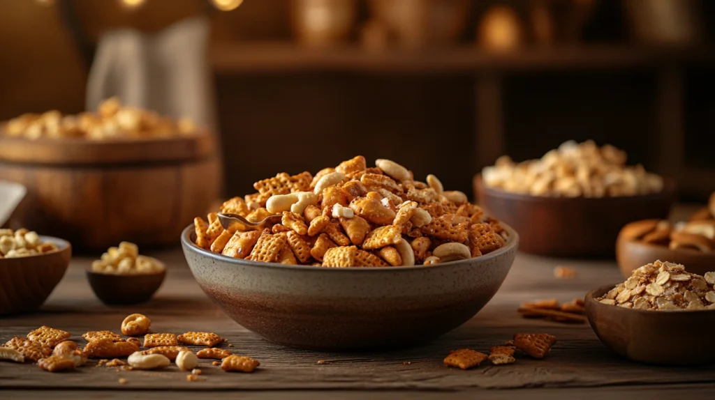 A bowl of golden oven-baked Chex Mix surrounded by ingredients.