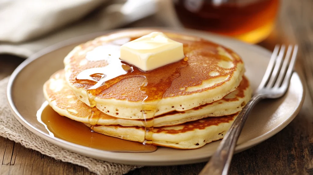 A stack of pancakes with butter and syrup on a plate.