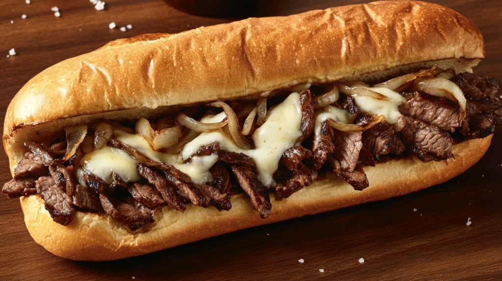 Classic Philly cheesesteak sandwich with steak, cheese, and onions.