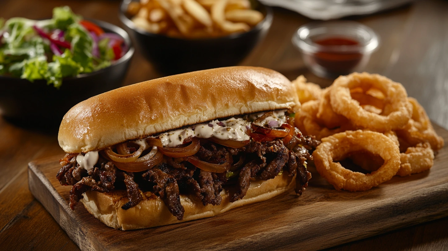 Philly cheesesteak with fries and salad on a wooden board.