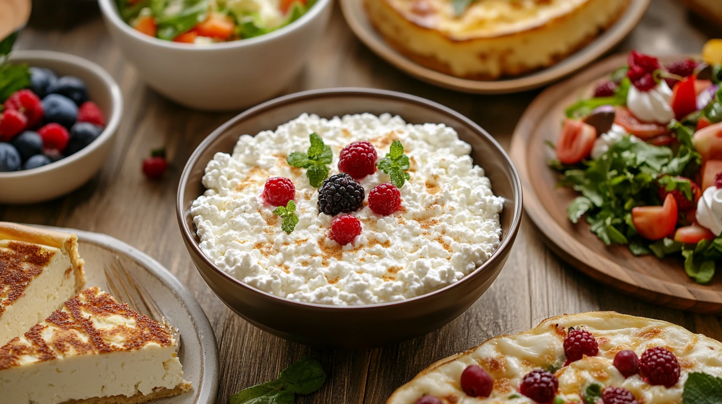 A bowl of fresh cottage cheese surrounded by various dishes showcasing its versatility.