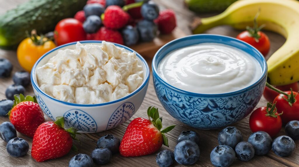 Cottage cheese and yogurt side by side with fresh fruits and vegetables