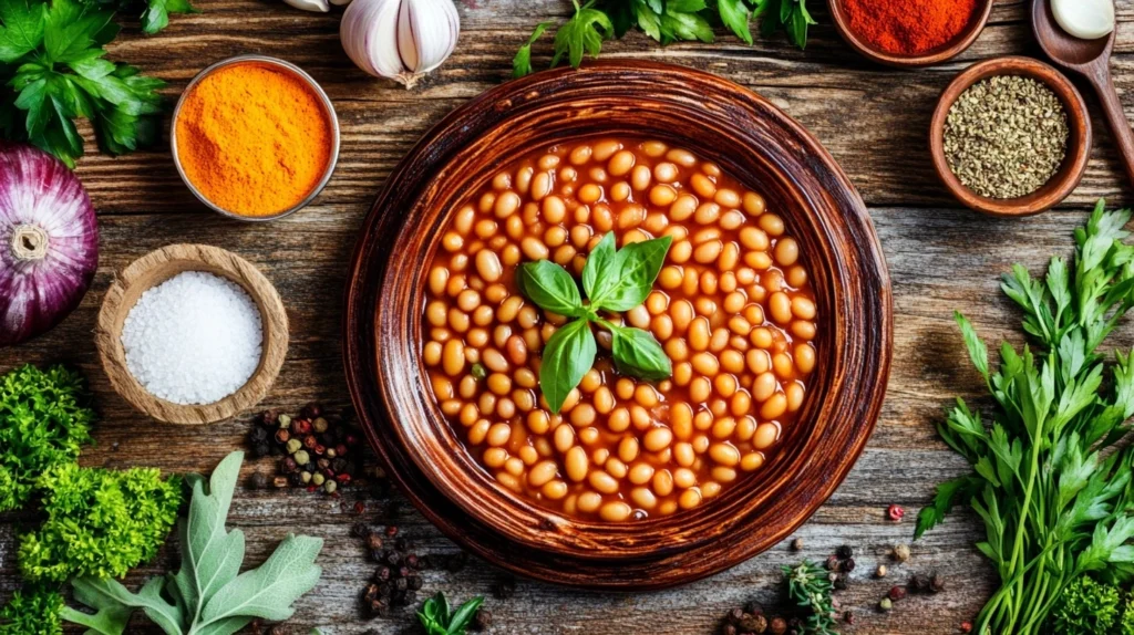 A bowl of baked beans garnished with herbs and surrounded by flavor-enhancing ingredients.