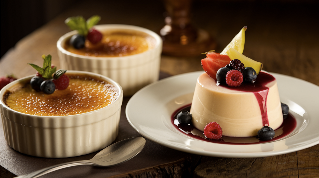 Crème Brûlée with caramelized sugar crust and Panna Cotta