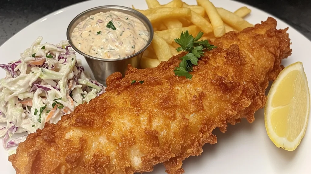 Fried rockfish with lemon wedges, fries, and coleslaw.