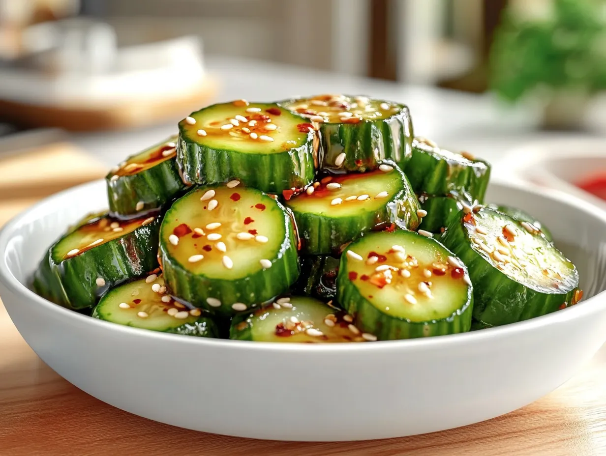 Din Tai Fung-style cucumber salad in a white bowl with sesame seeds and chili flakes, set on a wooden countertop in a modern kitchen