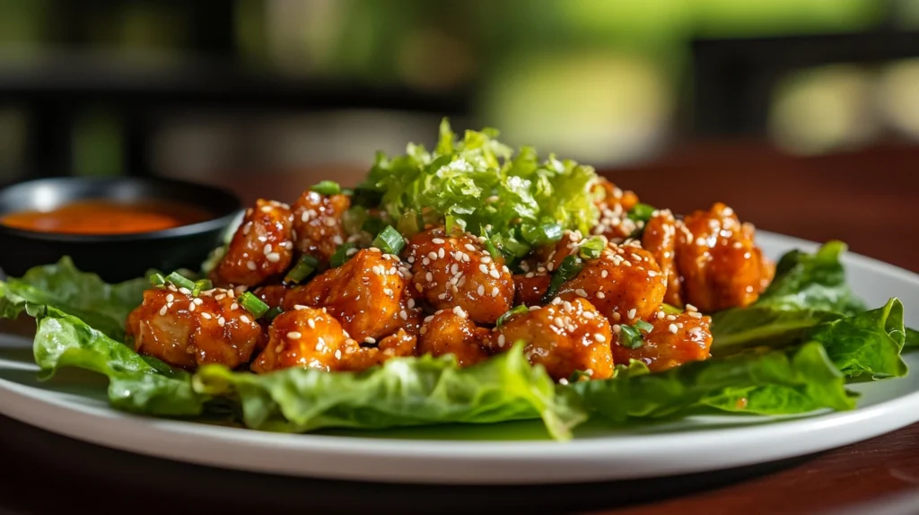 Chicken lettuce wraps with sesame seeds and dipping sauce.