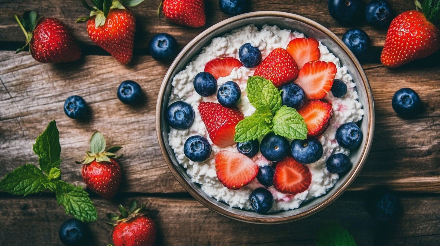 A bowl of lactose-free cottage cheese with fresh herbs and vegetables.