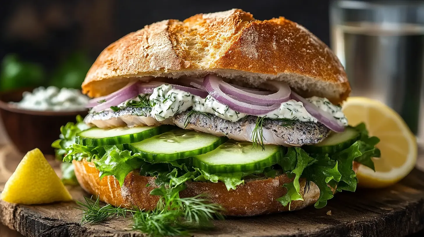 A classic Matjesbrötchen sandwich featuring pickled herring, sliced onions, lettuce, cucumber, and creamy sauce in a crusty bread roll, garnished with dill and lemon wedges on a rustic wooden board.