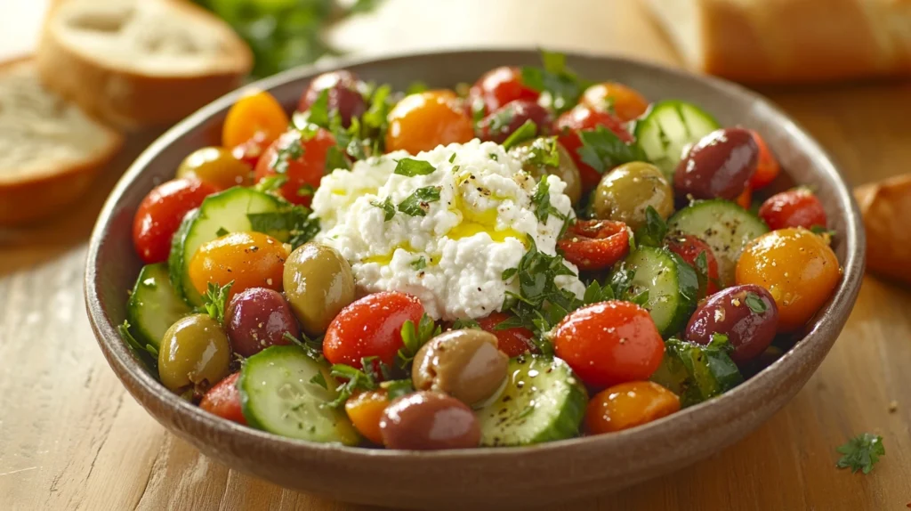 A colorful Mediterranean salad with cottage cheese and fresh vegetables.