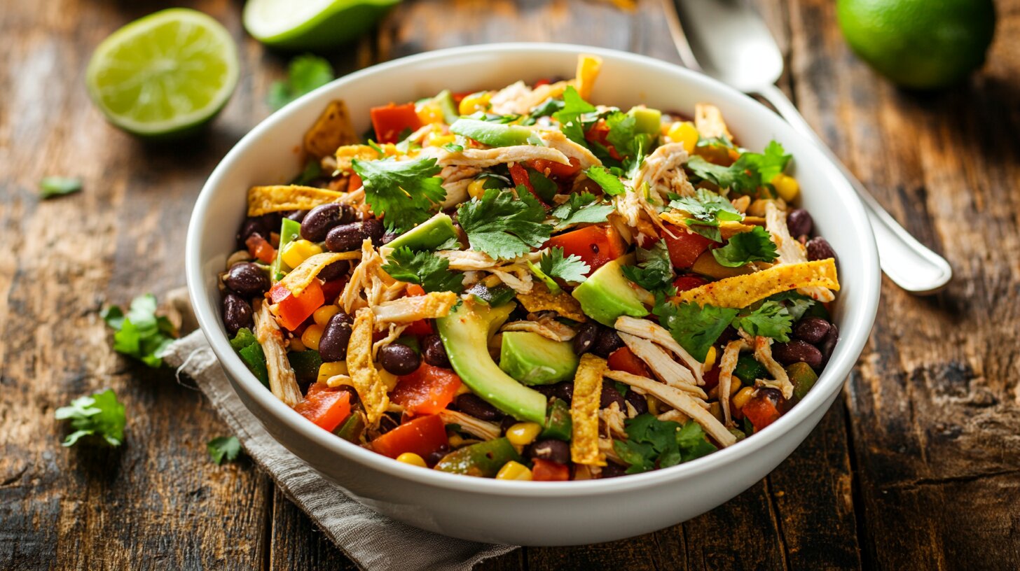 A vibrant bowl of Mexican chicken salad with colorful vegetables and creamy dressing.