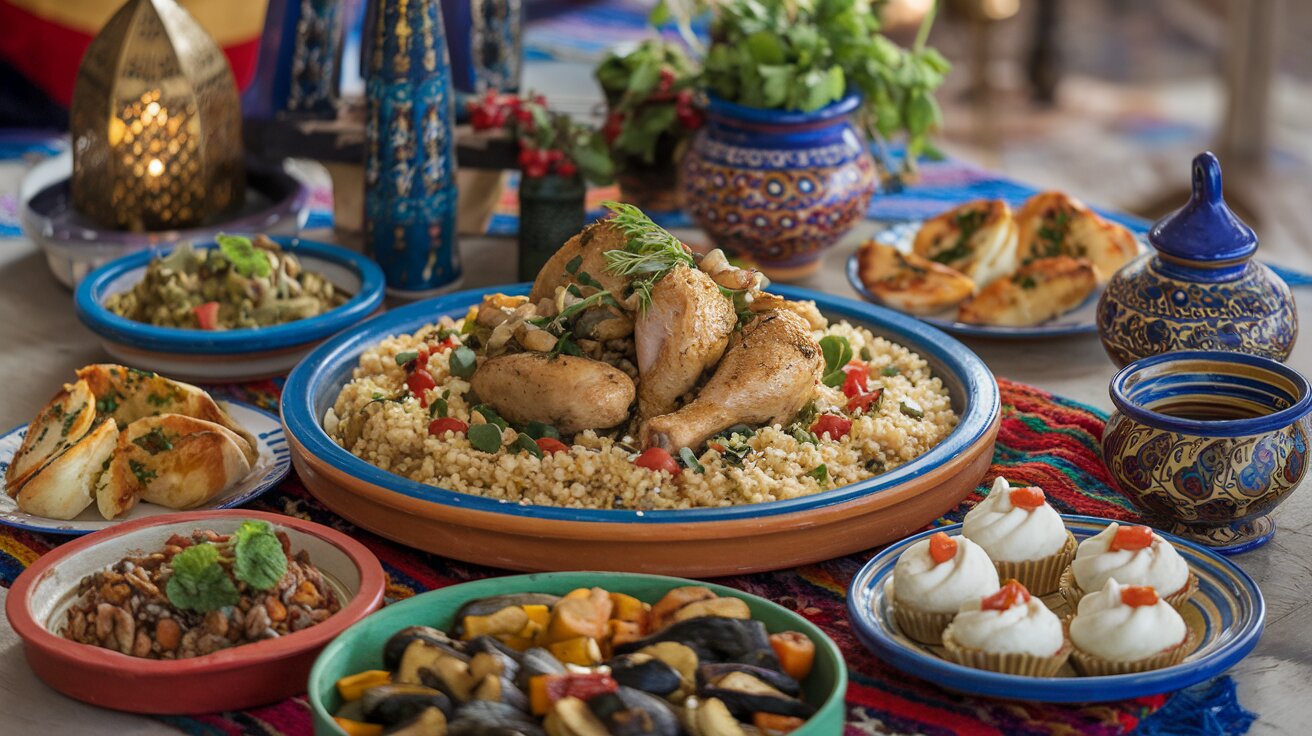 Moroccan dining table with chicken couscous