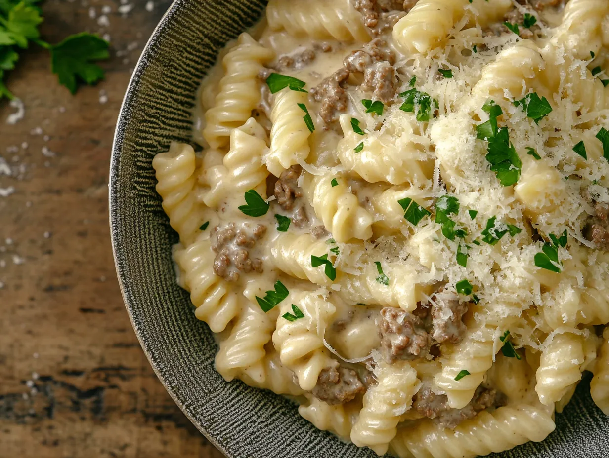 Creamy beef pasta in a stylish bowl, topped with parsley and Parmesan, on a rustic wooden table.