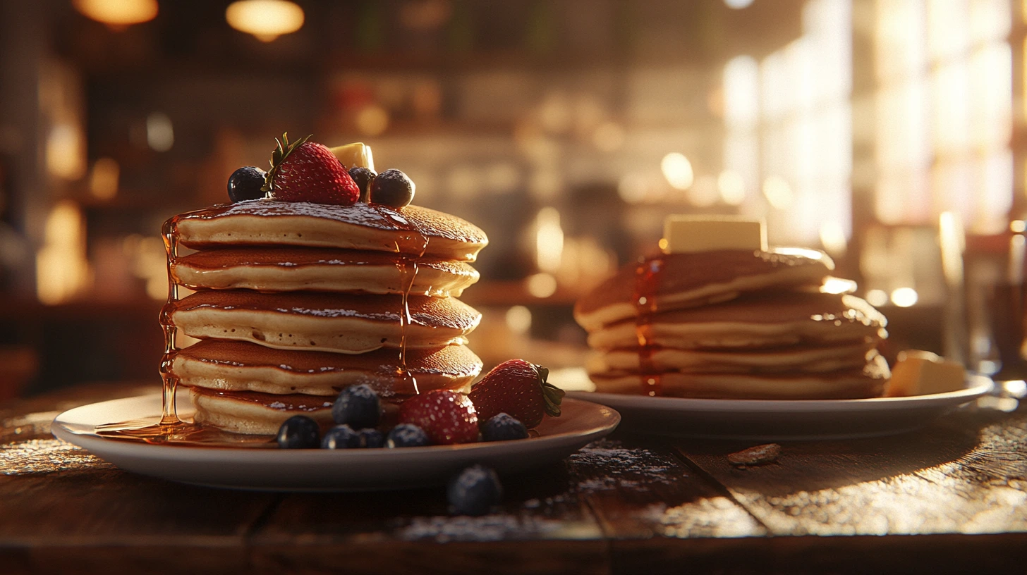 A comparison of pancakes and hotcakes on a kitchen table with syrup and fruit.