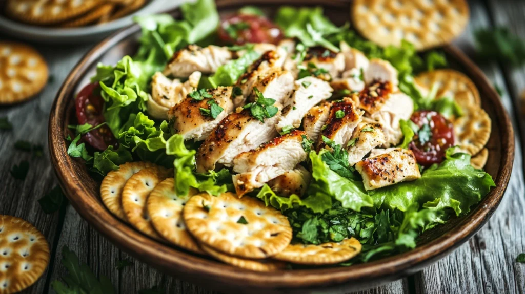 A creamy chicken salad served with lettuce and a side of crackers.