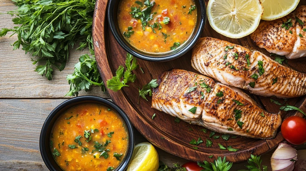 A variety of rockfish dishes arranged on a wooden table