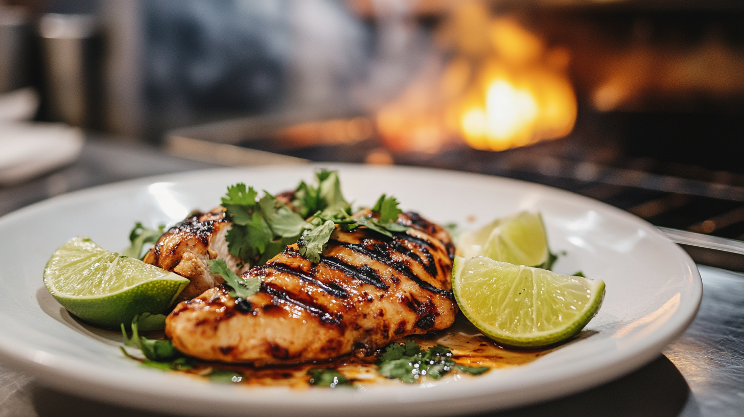 Grilled Mexican chicken with char marks served on a wooden platter