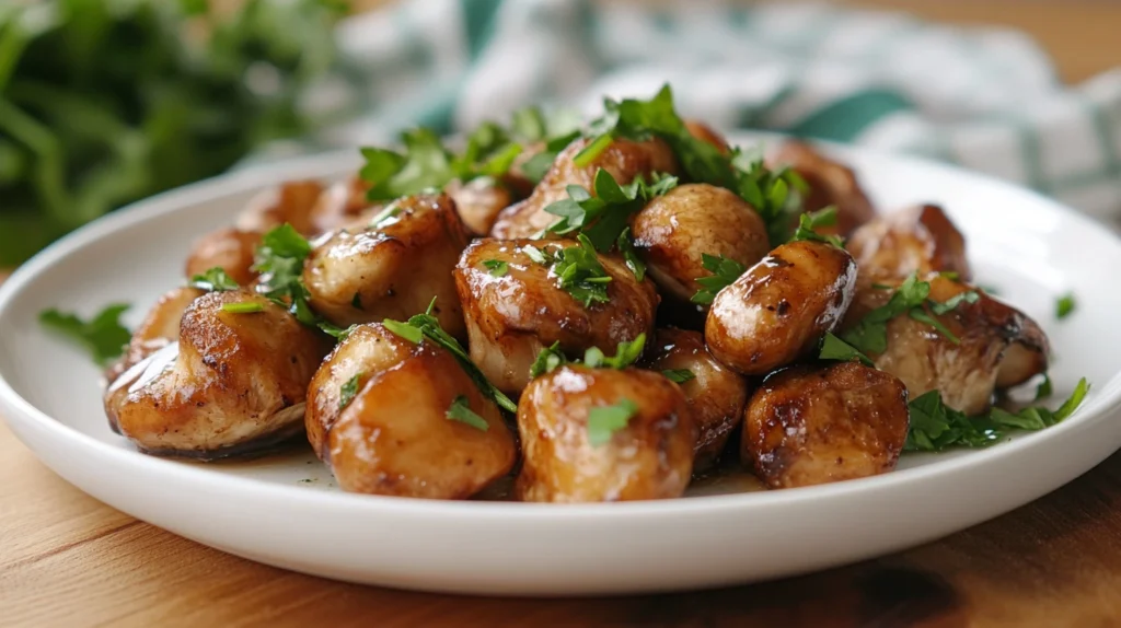 Sautéed Lion’s Mane mushrooms served on a plate