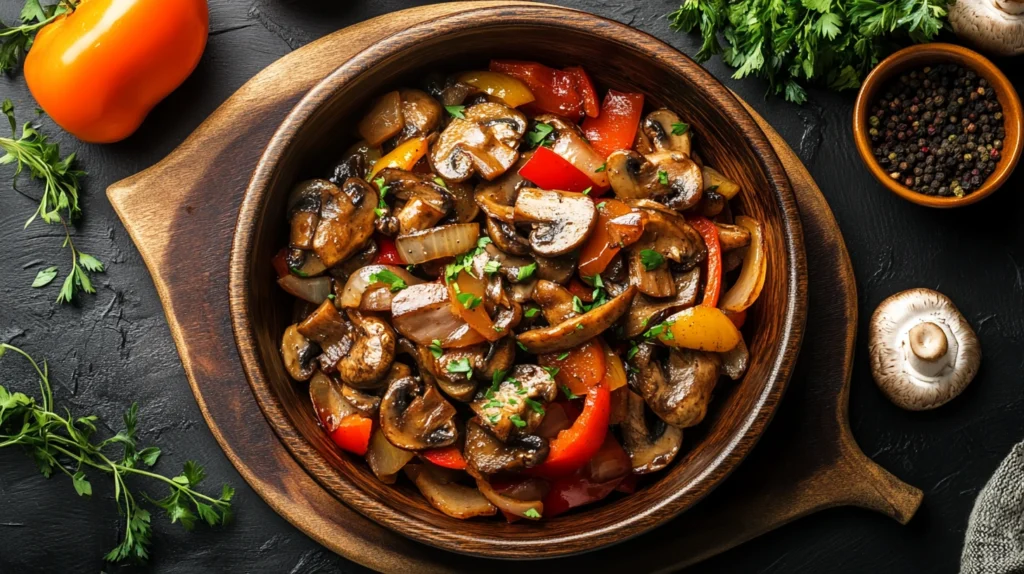 Sautéed vegetables for a Philly cheesesteak in a skillet.
