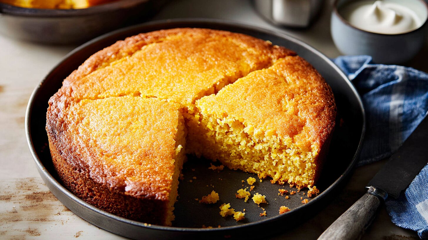 A freshly baked Southern cornbread in a cast-iron skillet with one slice served on a white plate, topped with a melting pat of butter.