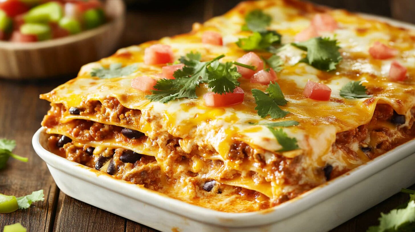 A freshly baked taco lasagna in a casserole dish with a golden, cheesy top.