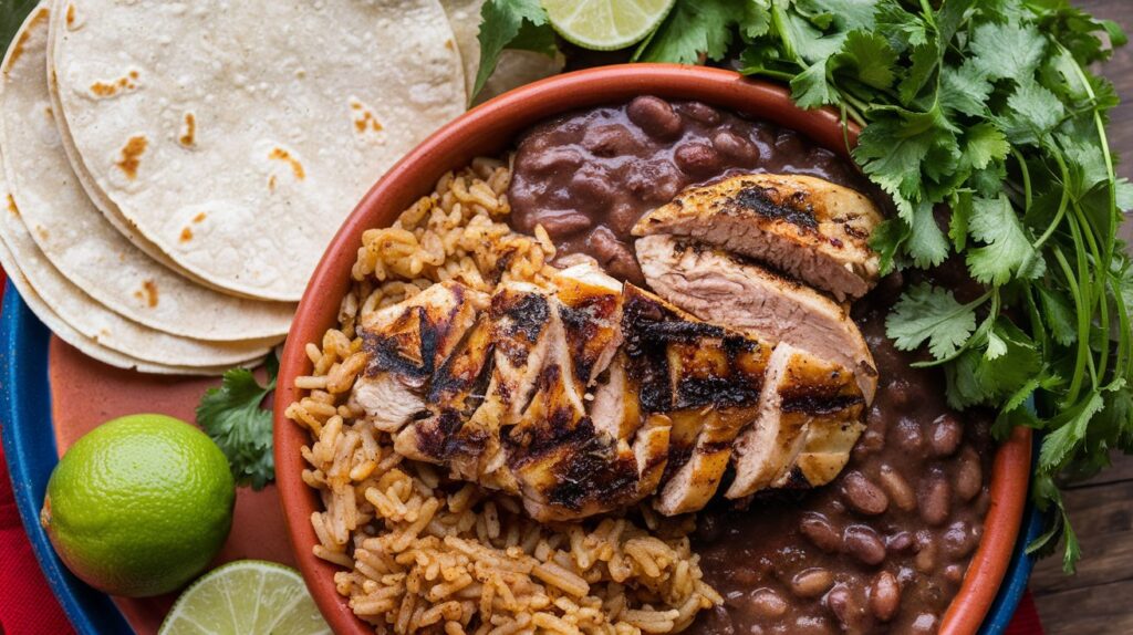 Grilled chicken served with rice, beans, and tortillas.