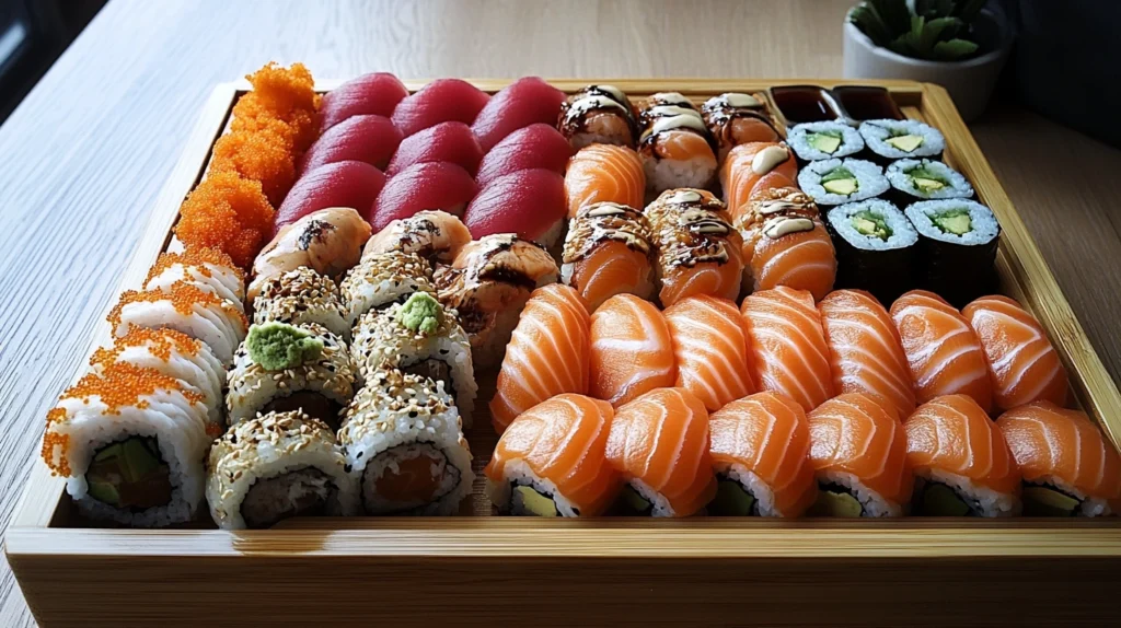 A Japanese sushi platter featuring salmon, tuna, and other fish.