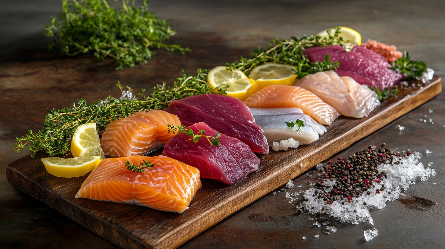 Assortment of fresh fish varieties on a wooden board.