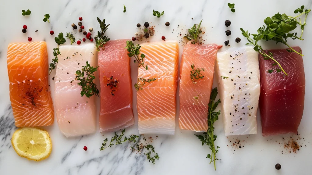 A display of the world’s tastiest fish varieties on a rustic wooden table.