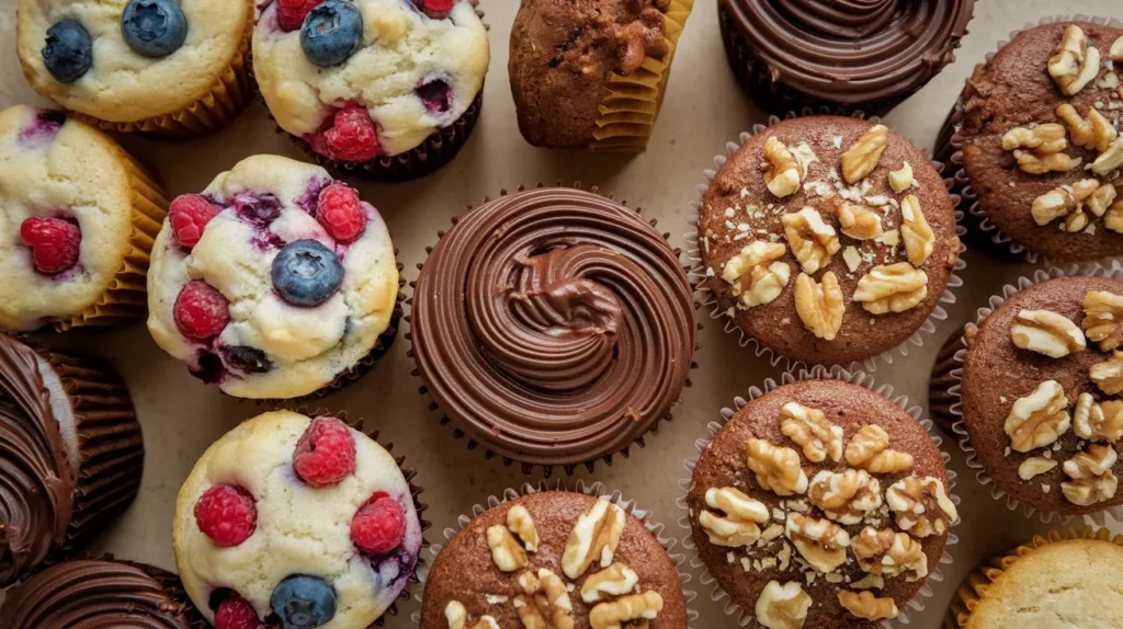 A variety of matcha muffins with berries, white chocolate, and nuts displayed on a wooden board.