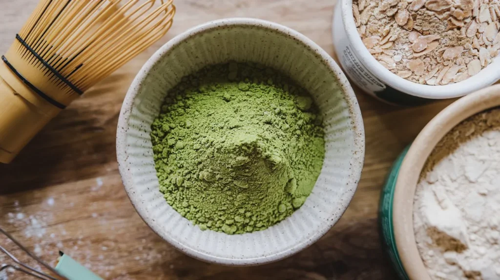 Matcha powder and almond flour ready for baking.