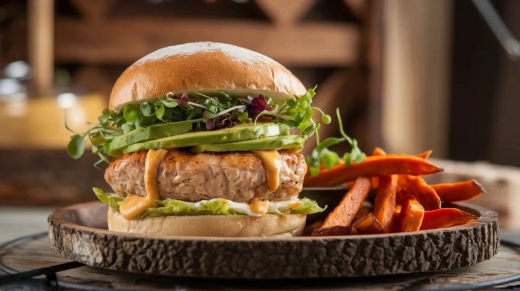 Healthy egg white burger bun with fresh greens and chicken on a wooden table.