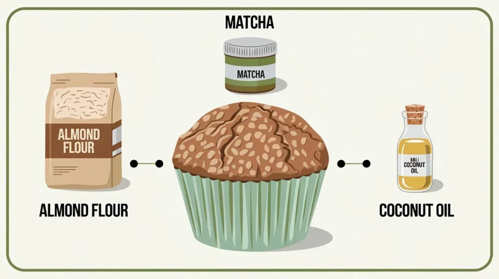 Nutritional breakdown of matcha muffins highlighting low-carb and high-protein benefits.