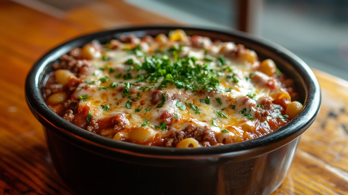 A steaming bowl of cheesy Beefaroni garnished with fresh parsley.