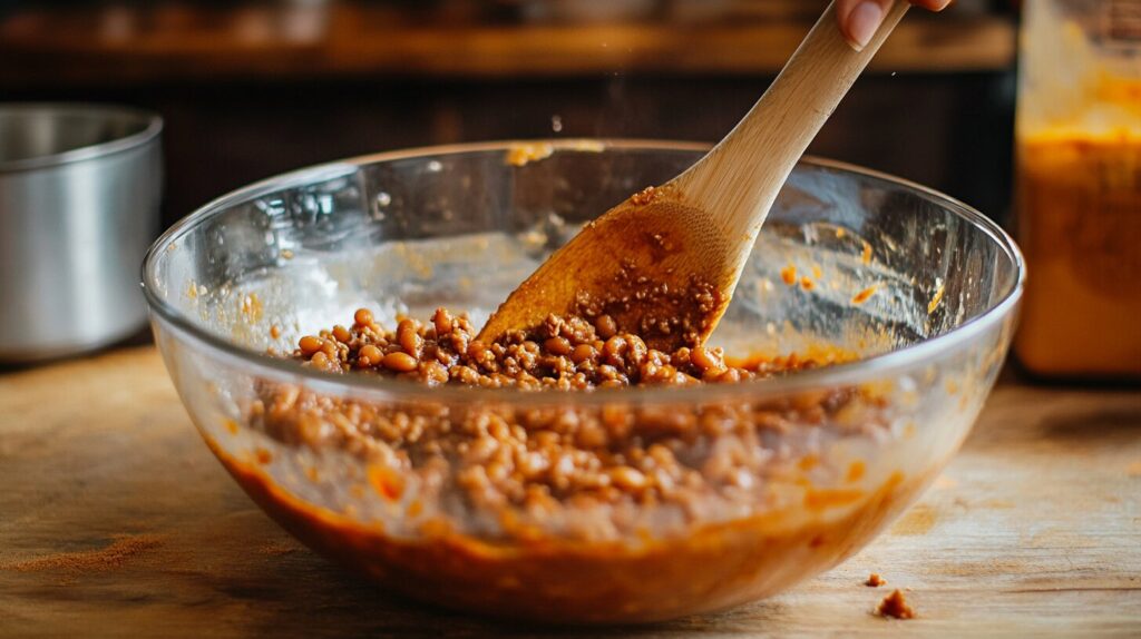 Ground beef, baked beans, and sauce being mixed in a bowl