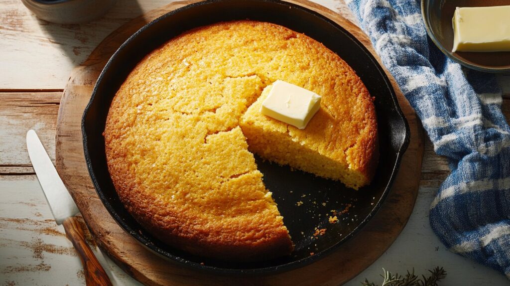 A freshly baked skillet of golden cornbread