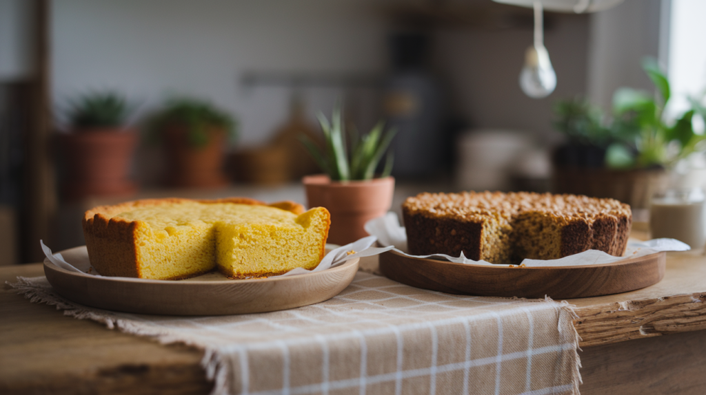 A side-by-side comparison of cornbread and Southern cornbread on wooden plates.