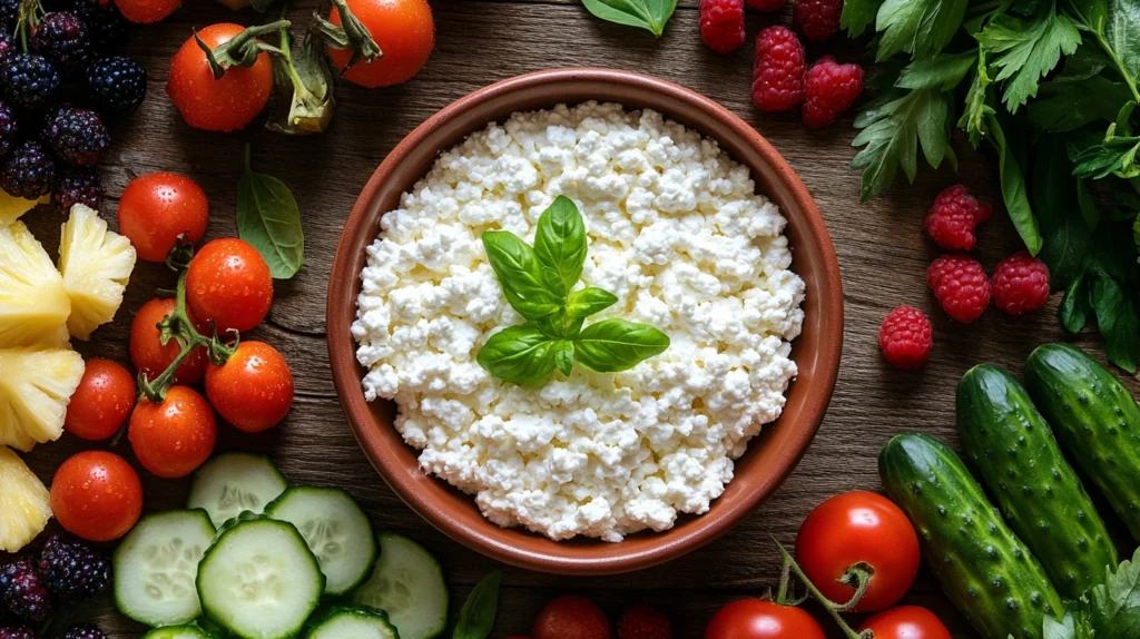 A colorful Mediterranean salad with cottage cheese and fresh vegetables.