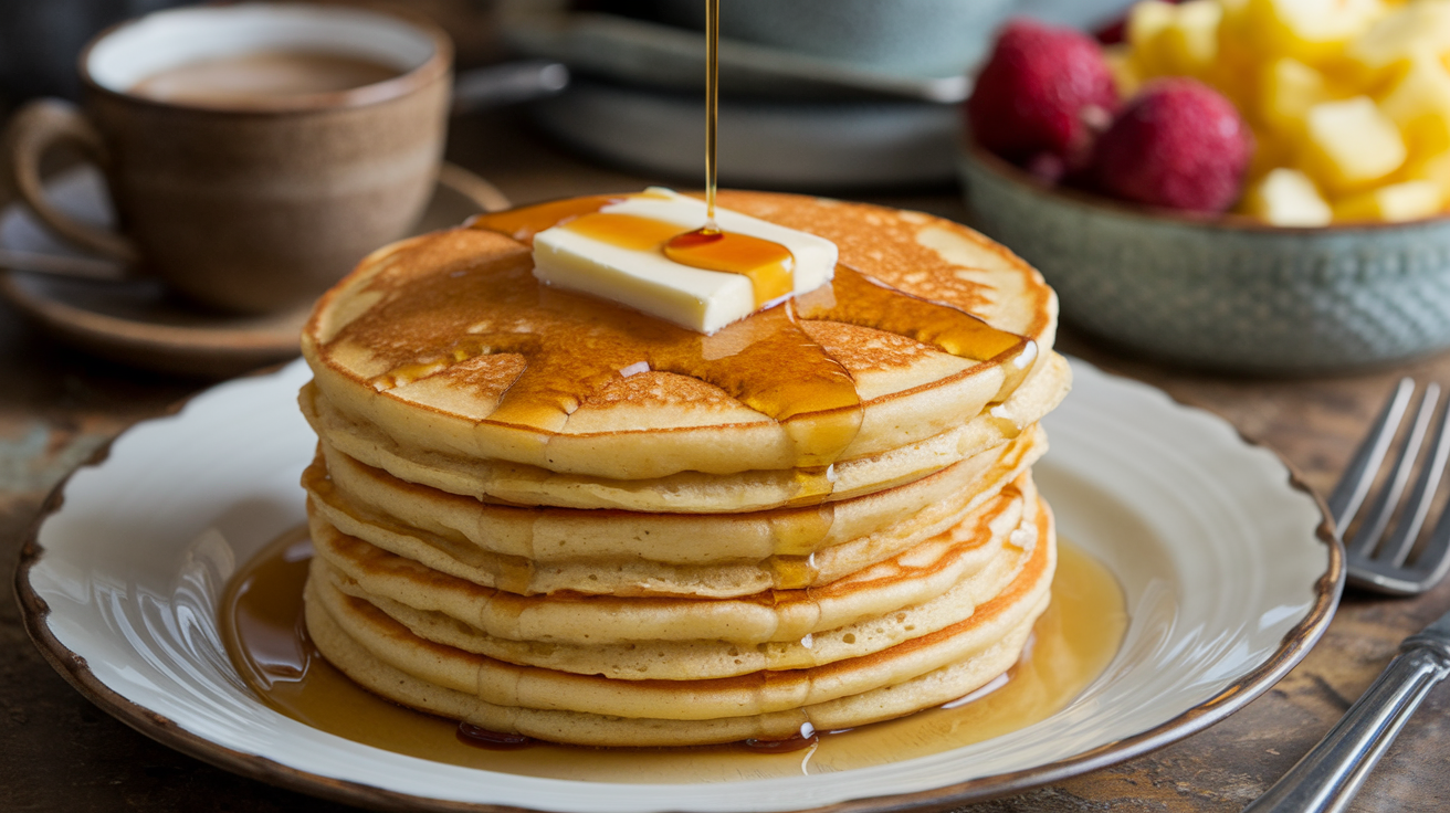 A stack of fluffy hotcakes with butter and syrup.