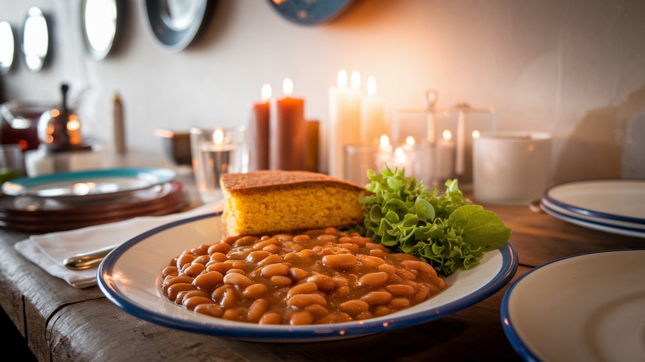 A serving of baked beans with cornbread