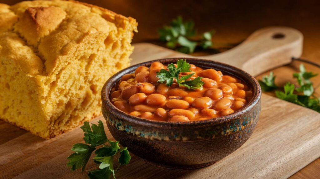 A slice of cornbread served with baked beans