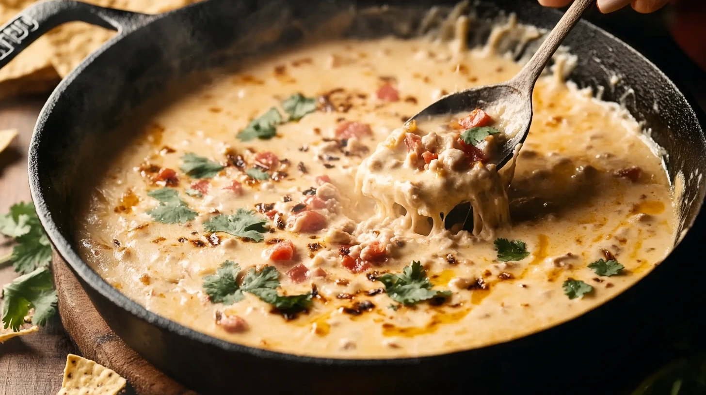 Rustic smoked queso dip in a cast-iron skillet, topped with diced tomatoes, jalapeños, and bacon, surrounded by tortilla chips and vegetables