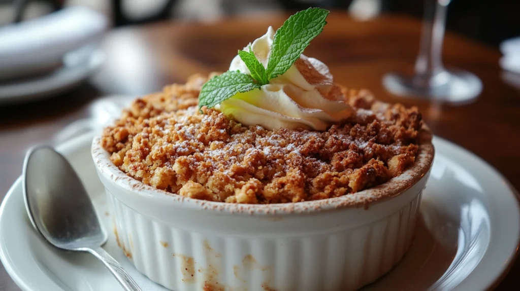 A peach crumble with a buttery, golden topping and whipped cream.